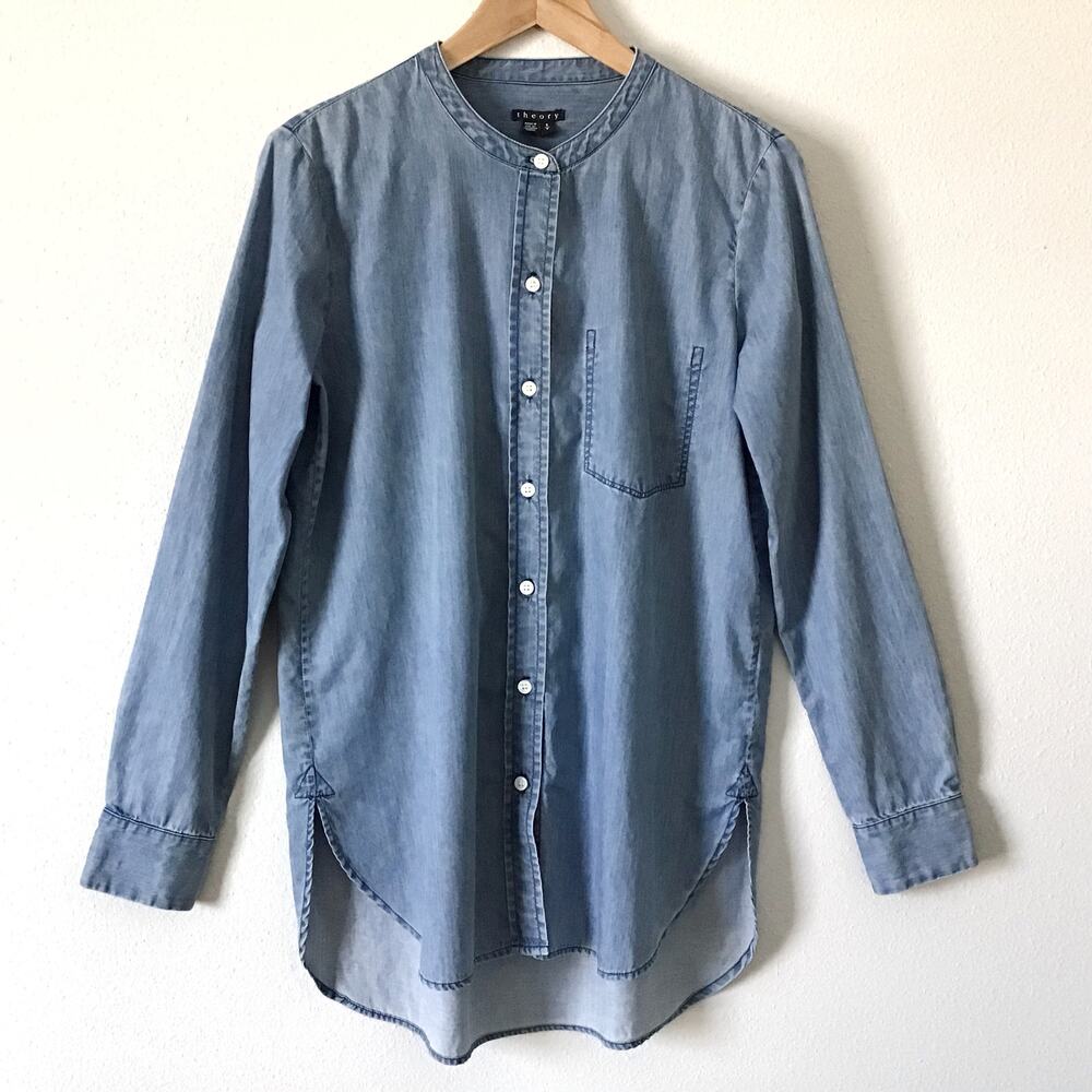 New THEORY Collarless Chambray Denim Tunic Shirt - Size S